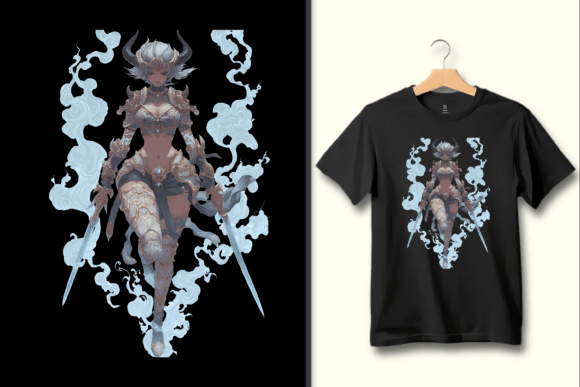 Fantasy Warrior with Horns & Swords PNG: Bold Design Asset