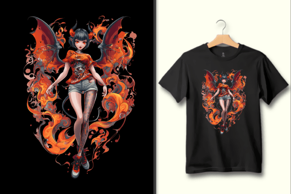 Stylish Demon Girl with Fiery Wings: A Modern Fantasy Graphic